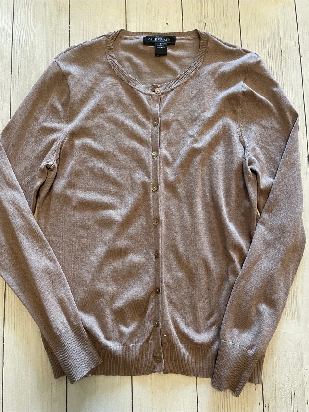 August Silk Taupe Crewneck Button-Front Cardigan